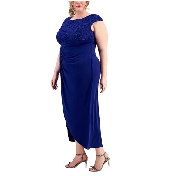 Connected Apparel Plus SZ 24W Royal Blue Gown Sequined Lace Draped Tulip Hemline - Picture 2 of 14